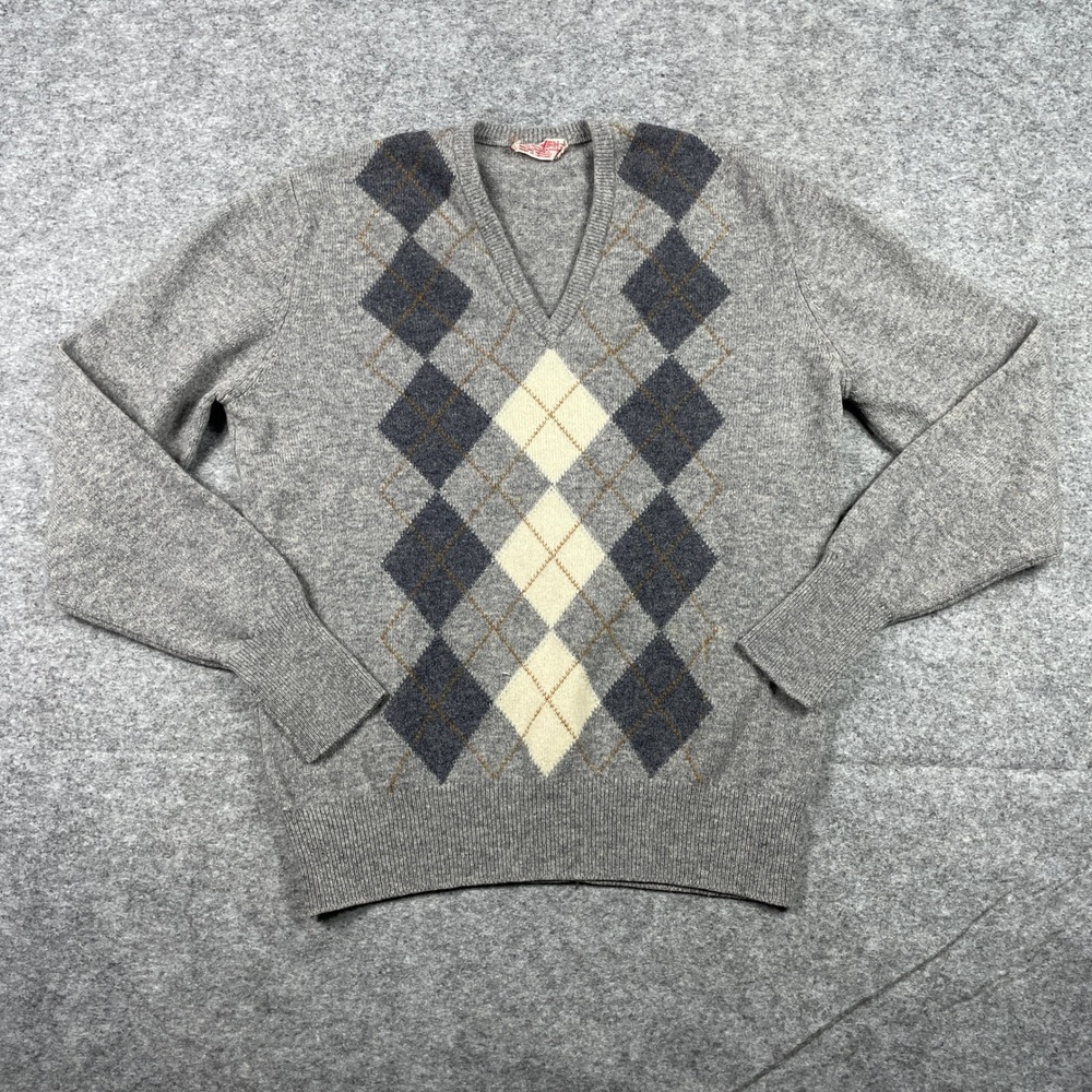 Vintage 70s Jaeger Sweater Mens 42 Grey Argyle V-Neck Lambswool Made In Scotland